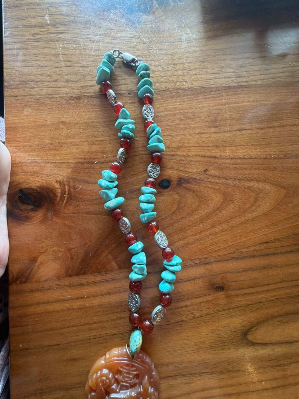 Tibet Turquoise and Carnelian Beaded Necklace with Carved Carnelian pendant
